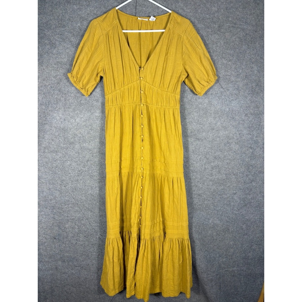 Lucky Brand Womens Mustard Yellow Button Front Tiered Maxi Dress XS Boho Gauze